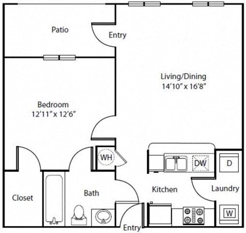 Floor plan for 1 bed, 1 bath, 667 sqft
